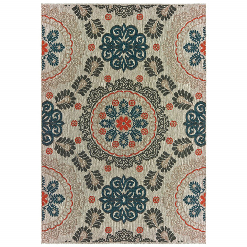 Homeroots Outdoors 6' x 9' Gray and Blue Floral Indoor Outdoor Area Rug
