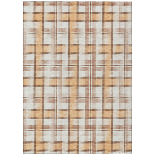 9' X 12' Peach And Beige Plaid Washable Indoor Outdoor Area Rug