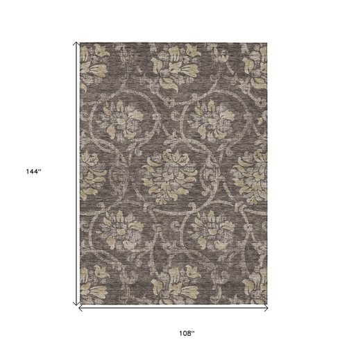 9' X 12' Brown Beige And Taupe Floral Washable Indoor Outdoor Area Rug