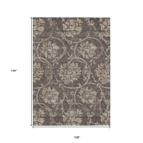 9' X 12' Brown Beige And Taupe Floral Washable Indoor Outdoor Area Rug