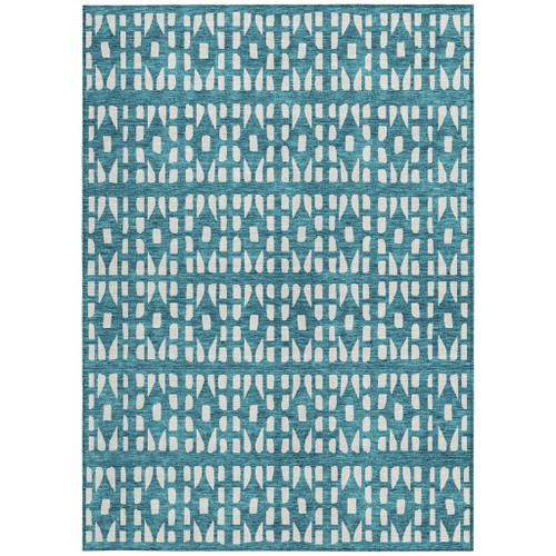 10' X 14' Teal Blue And Ivory Geometric Washable Indoor Outdoor Area Rug