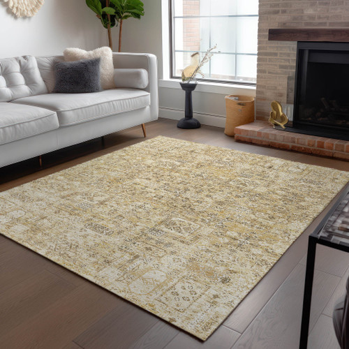 10' X 14' Wheat Beige And Gray Floral Washable Indoor Outdoor Area Rug