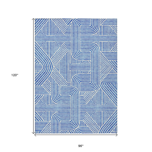 8' X 10' Blue And Ivory Abstract Washable Indoor Outdoor Area Rug