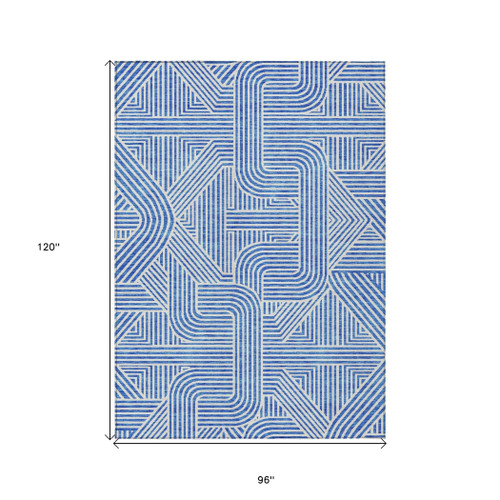 8' X 10' Blue And Ivory Abstract Washable Indoor Outdoor Area Rug