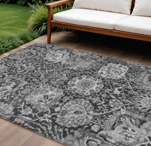 8' X 10' Gray And Ash Gray Damask Washable Indoor Outdoor Area Rug