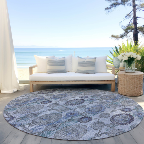 8' Navy Blue And Sky Blue Round Damask Washable Indoor Outdoor Area Rug