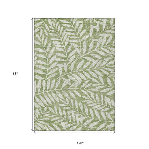 10' X 14' Green And Ivory Floral Washable Indoor Outdoor Area Rug
