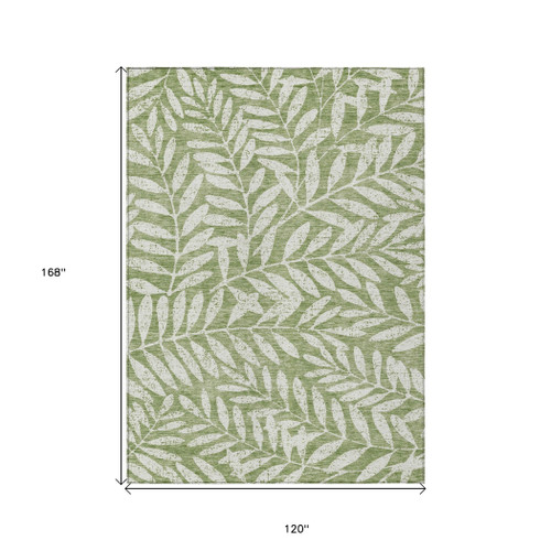 10' X 14' Green And Ivory Floral Washable Indoor Outdoor Area Rug