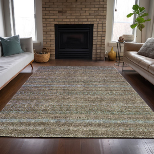 8' X 10' Brown And Denim Blue Striped Washable Indoor Outdoor Area Rug