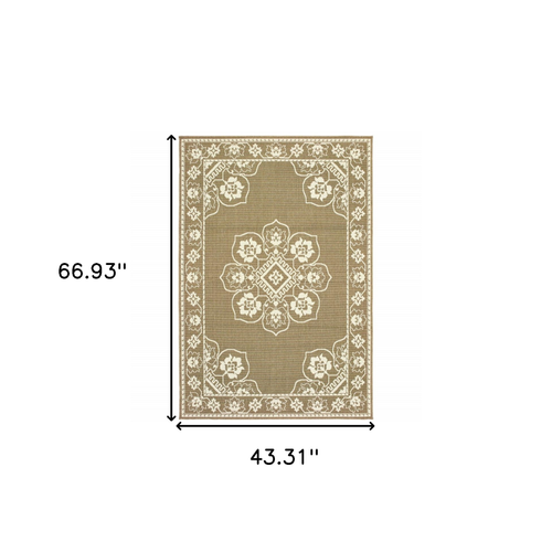 4' X 6' Tan Oriental Stain Resistant Indoor Outdoor Area Rug