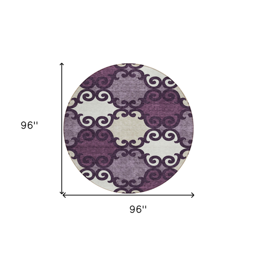 8' Eggplant And Ivory Round Trellis Washable Indoor Outdoor Area Rug