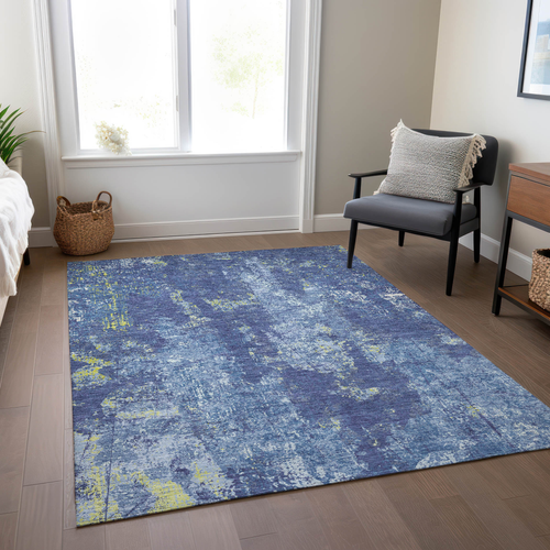 8' X 10' Navy Blue And Denim Blue Abstract Washable Indoor Outdoor Area Rug