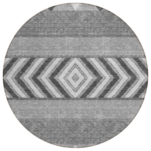 8' Gray Charcoal And Silver Round Southwestern Washable Indoor Outdoor Area Rug - Gray, Charcoal, Silver