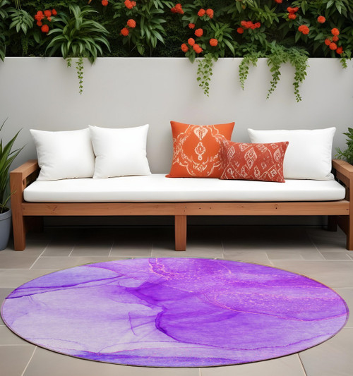 8' Round Purple Round Abstract Washable Non Skid Indoor Outdoor Area Rug