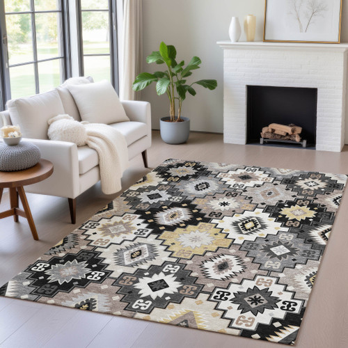 10' X 14' Black Wheat And Gray Southwestern Washable Indoor Outdoor Area Rug