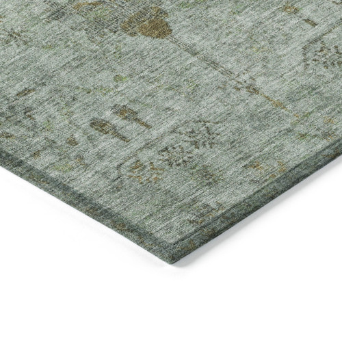 8' Artichoke Green And Gray Round Floral Washable Indoor Outdoor Area Rug - Artichoke Green, Gray