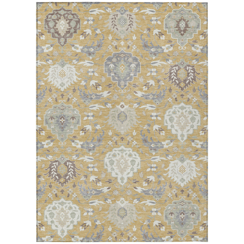 8' X 10' Gold Ivory And Gray Damask Washable Indoor Outdoor Area Rug