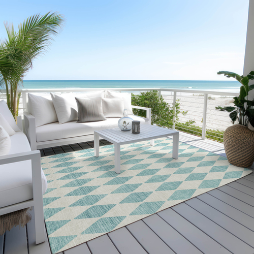 10' X 14' Teal Blue And Ivory Geometric Washable Indoor Outdoor Area Rug