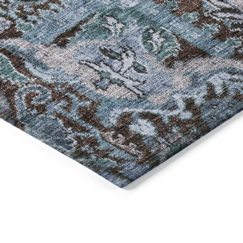 8' X 10' Chocolate And Aqua Damask Washable Indoor Outdoor Area Rug
