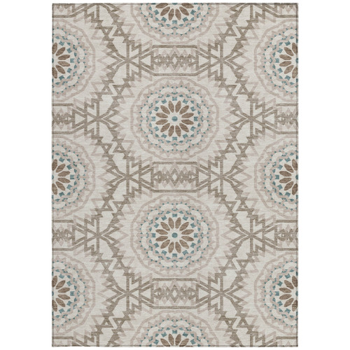 9' X 12' Beige Brown And Teal Blue Floral Medallion Washable Indoor Outdoor Area Rug
