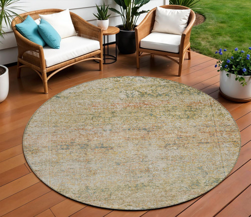 8' Gold And Beige Round Abstract Washable Indoor Outdoor Area Rug