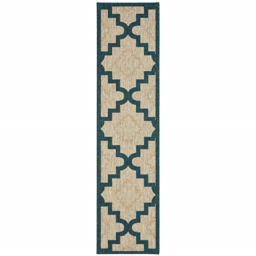2' X 8' Blue and Gray Geometric Stain Resistant Indoor Outdoor Area Rug