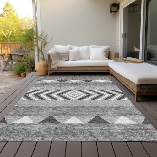 9' X 12' Gray Charcoal And Silver Southwestern Washable Indoor Outdoor Area Rug