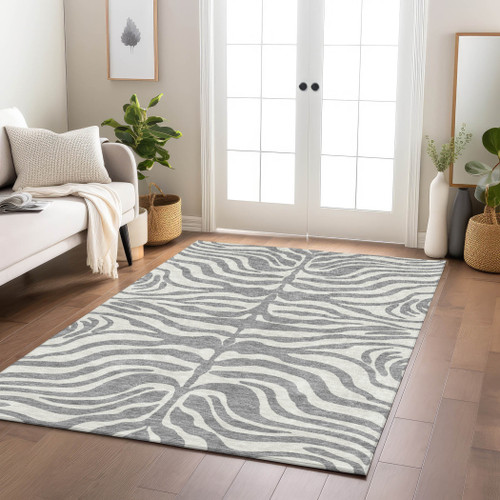 10' X 14' Gray And Ivory Animal Print Washable Indoor Outdoor Area Rug