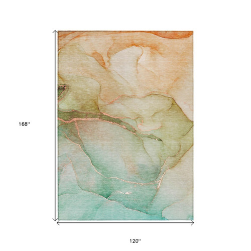 10' X 14' Teal Abstract Washable Non Skid Indoor Outdoor Area Rug