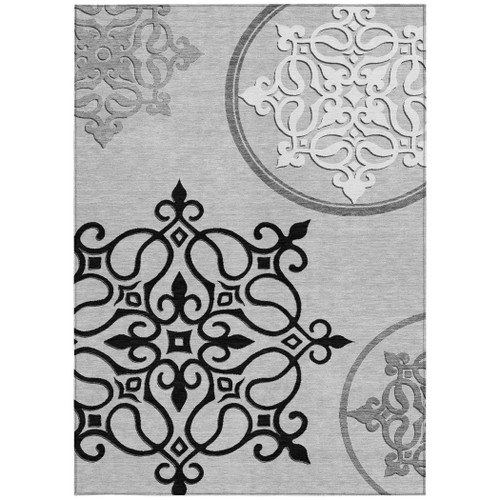 8' X 10' Gray Black And White Floral Medallion Washable Indoor Outdoor Area Rug