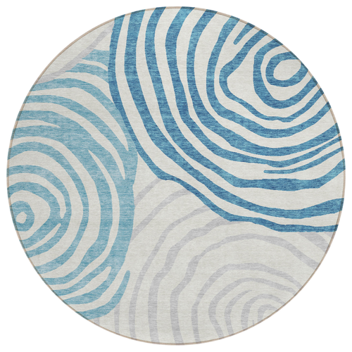 8' Teal Blue Ivory And Silver Round Abstract Washable Indoor Outdoor Area Rug