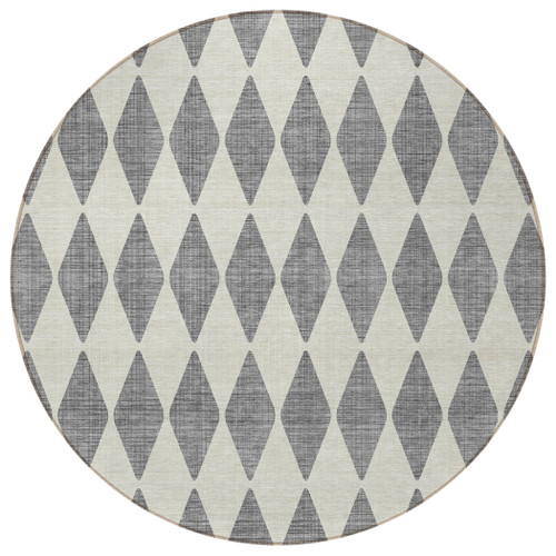 8' Gray And Ivory Round Geometric Washable Indoor Outdoor Area Rug