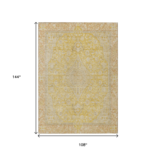 9' X 12' Wheat And Gold Medallion Washable Indoor Outdoor Area Rug