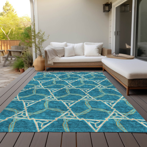 10' X 14' Teal Blue And Beige Geometric Washable Indoor Outdoor Area Rug