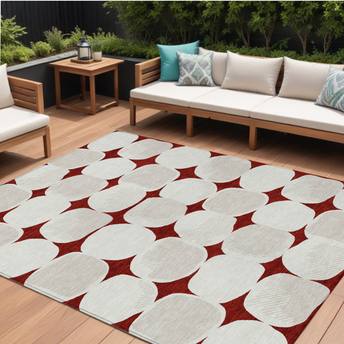 10' X 14' Burgundy Beige And Ivory Abstract Washable Indoor Outdoor Area Rug