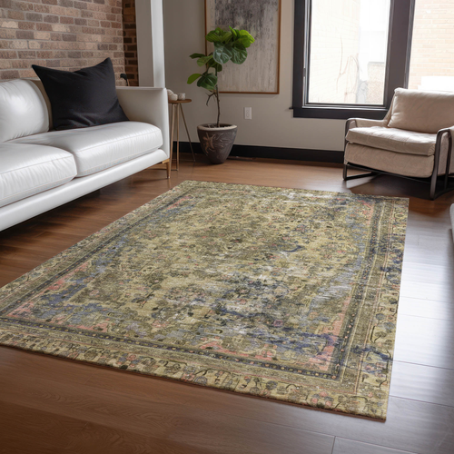 9' X 12' Artichoke Green And Denim Blue Medallion Washable Indoor Outdoor Area Rug