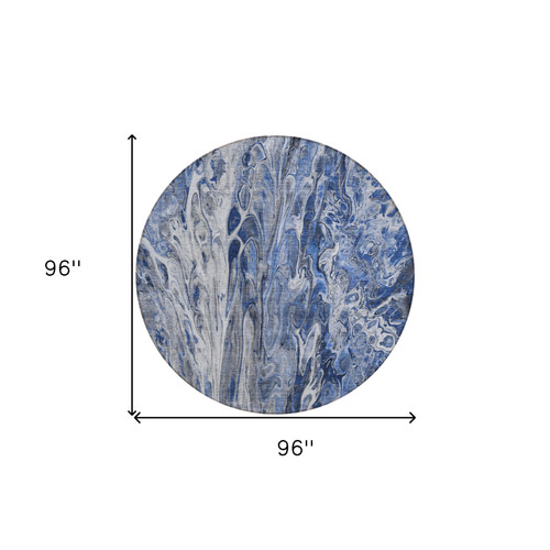8' Blue Denim Blue And Navy Blue Round Abstract Washable Indoor Outdoor Area Rug