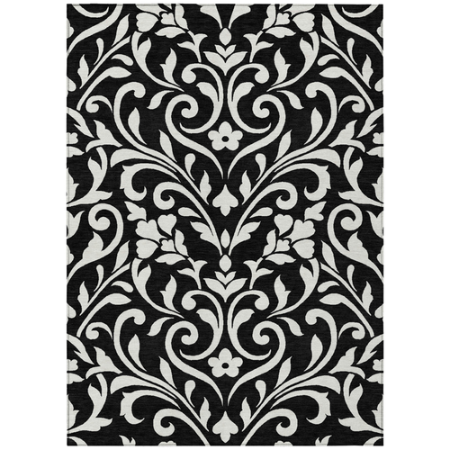 10' X 14' Black And Ivory Floral Washable Indoor Outdoor Area Rug