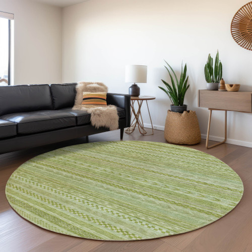 8' Fern Green And Sage Round Striped Washable Indoor Outdoor Area Rug