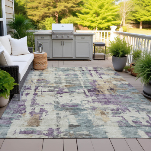 9' X 12' Linen Purple And Gold Abstract Washable Indoor Outdoor Area Rug