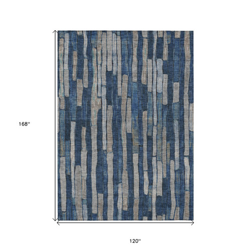 10' X 14' Navy Blue And Denim Blue Striped Washable Indoor Outdoor Area Rug