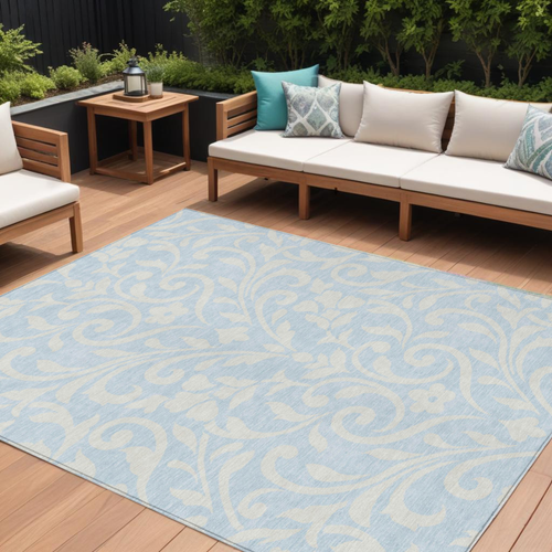 9' X 12' Sky Blue And Ivory Floral Washable Indoor Outdoor Area Rug