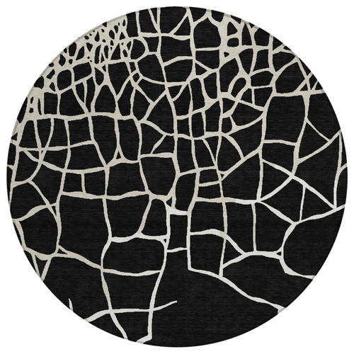 8' Black And Beige Round Abstract Washable Indoor Outdoor Area Rug