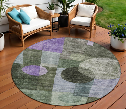 8' Olive Green Charcoal And Purple Round Geometric Washable Indoor Outdoor Area Rug