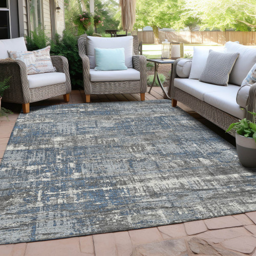 9' X 12' Denim Blue And Gray Geometric Washable Indoor Outdoor Area Rug
