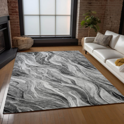 8' X 10' Gray Charcoal And Ivory Abstract Washable Indoor Outdoor Area Rug