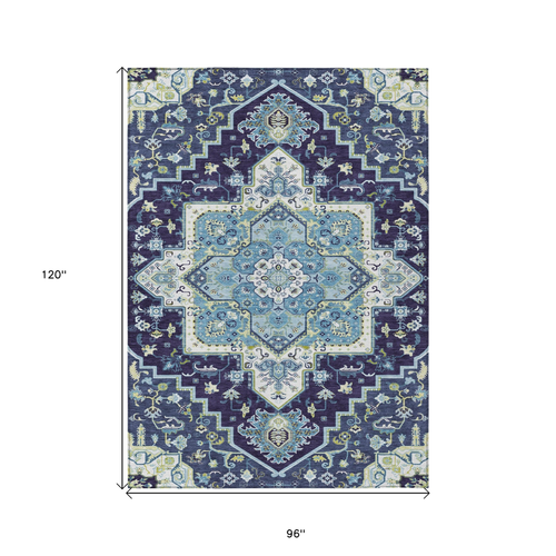 8' X 10' Navy Blue Ivory And Black Oriental Washable Indoor Outdoor Area Rug