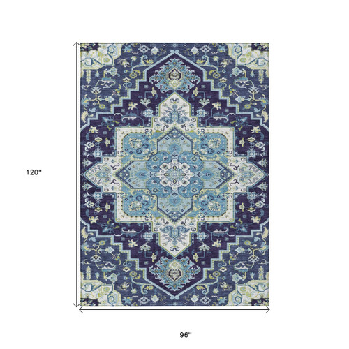 8' X 10' Navy Blue Ivory And Black Oriental Washable Indoor Outdoor Area Rug