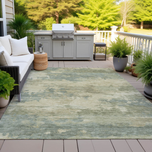 9' X 12' Pale Aqua And Khaki Abstract Washable Indoor Outdoor Area Rug