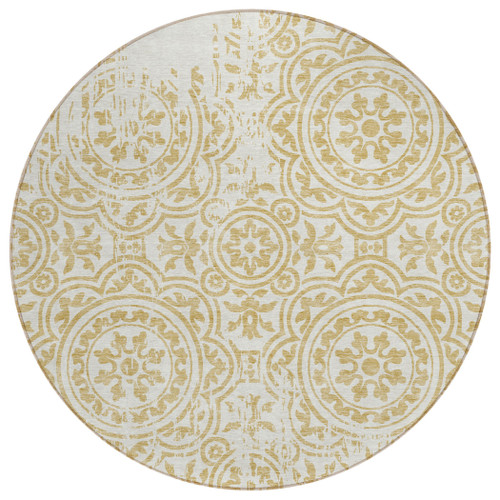 8' Gold And Ivory Round Medallion Washable Indoor Outdoor Area Rug